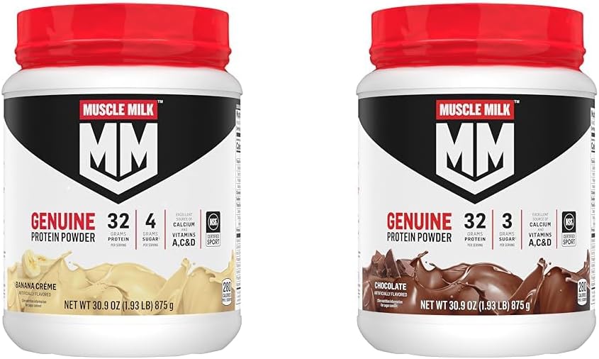 Leite Muscle Genuine Protein Powder Bundle, Banana Crème 1,93 Libras 12 Servings 32g Protein e Chocolate 1,93 Libras 12 Servings 32g Protein