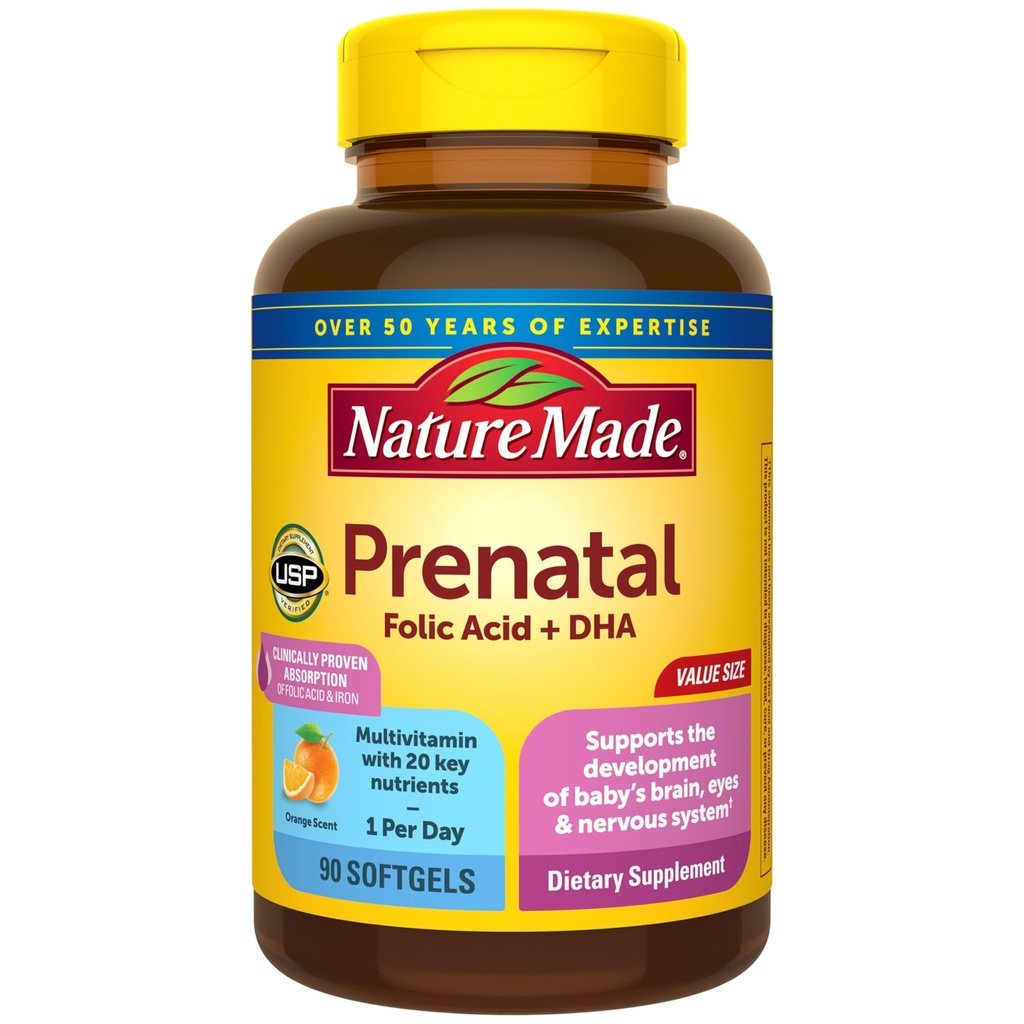 Natureza feito pré-natal com ácido fólico + DHA, vitamina pré-natal e suplemento mineral para suporte nutricional diário, 90 Softgels, fornecimento de 90 dias
