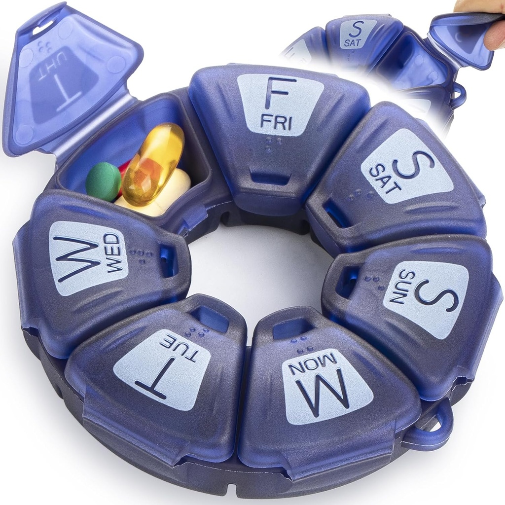 Organizador Redonda de Comprimidos Semanais, TPU Borrachado, Container de Pílulas de viagem 7 dias, com 7 grandes compartimentos, ótimo para vitaminas & suplementos diários, Caso de Pílula bonito com letras grandes e braile (azul)