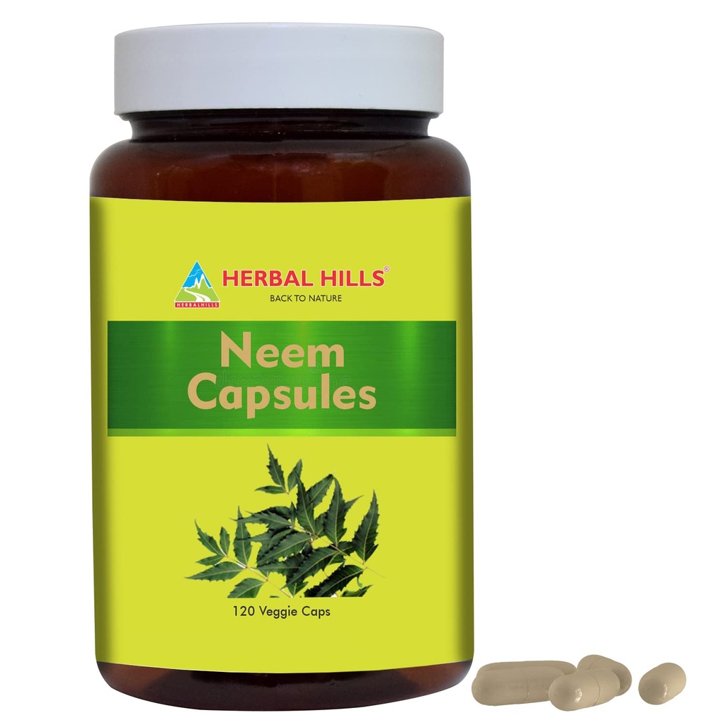 HERBAL HILLS Neem Cápsulas 120 Vegie Cápsulas Neem Folha Azadirachta Indica 700 mg Pó e Extracto Mistura numa Cápsula