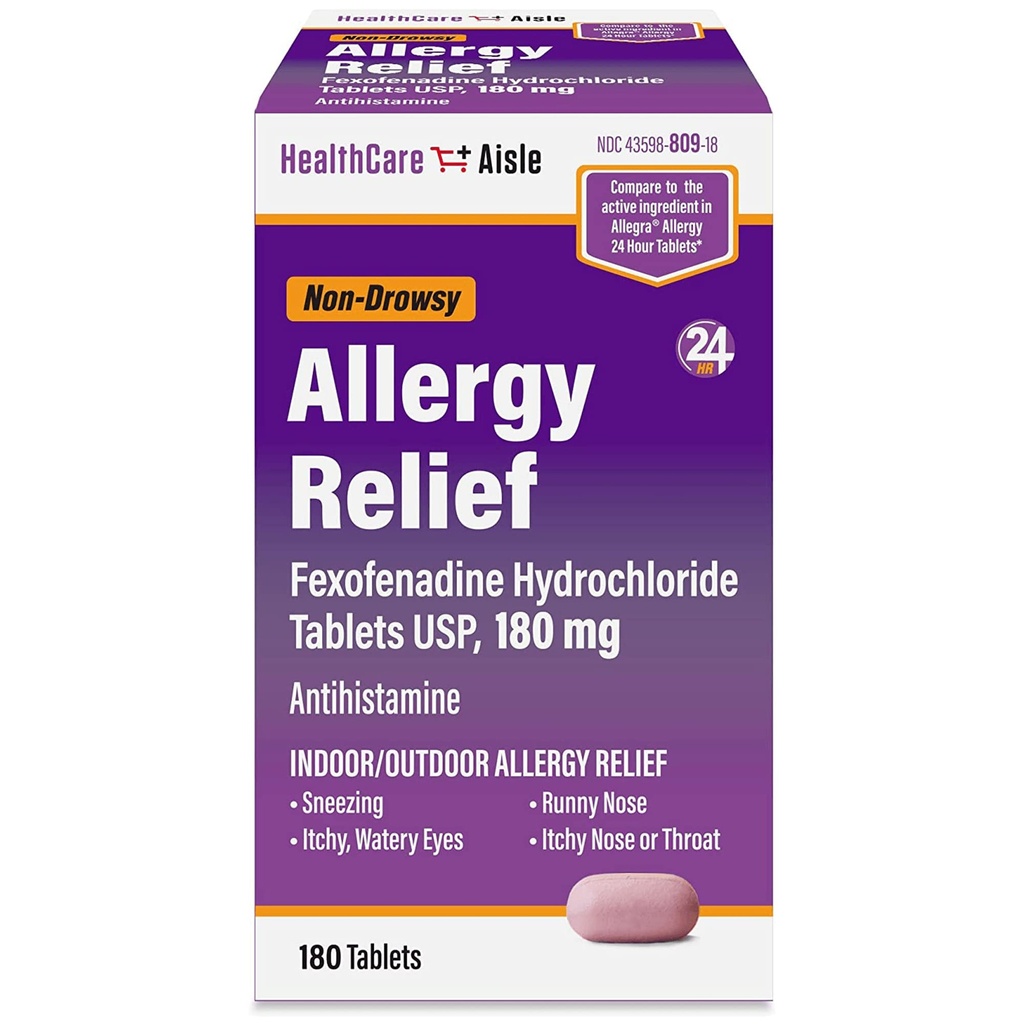 HealthCareAisle Allergy Relief - Fexofenadina Hydrochlored Tablets USP, 180 mg - 180 Tablets - Alergia Medicação, Não-Afome 24 horas de alívio