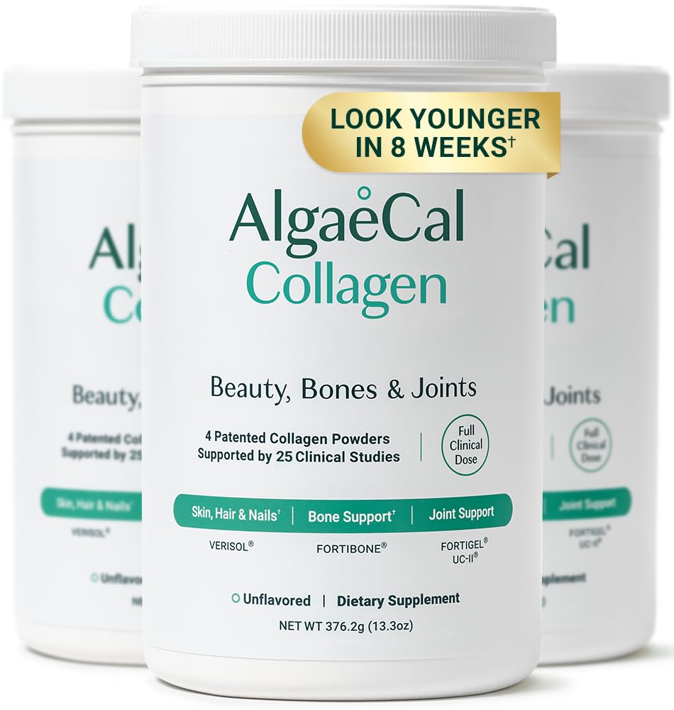 Colágeno ALGAECAL - 4 Peptídeos Clinicamente Suportados VERISOL®, FORTIGEL®, UC-II®, FORTIBONE®, Pó de Colágeno Hidrolisado Antienvelhecimento, 3 embalagens, Made in USA
