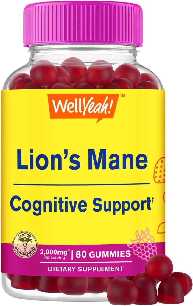 BemSim Lions Mane Gummies for Adults (2,000mg) □ Lions Mane Supplement Memory and Focuse Support (Gluten Free, Non GMO ) Berry Flavor