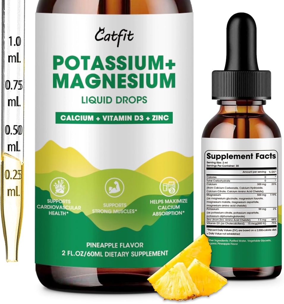 Magnésio de potássio Glicenato Suplemento-Alta Absorção Gota Líquida Complexo de Magnésio com cálcio, Potássio, Vitamina D3 e Zinco para Sono, Cães Leg, Músculos e Energia, Açúcar Free&Vegan 2 Fl Oz