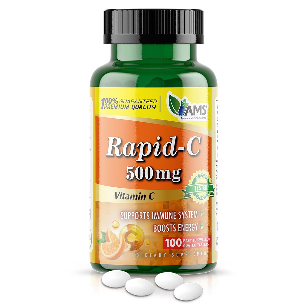 América Medic & Science Rapid-C 500mg Suplemento de vitamina C (1 pacote de 100 comprimidos) Booster de energia, suporte diário do sistema imunológico, antioxidante Vegan, ácido ascórbico não-GMO revestido para homens adultos e mulheres