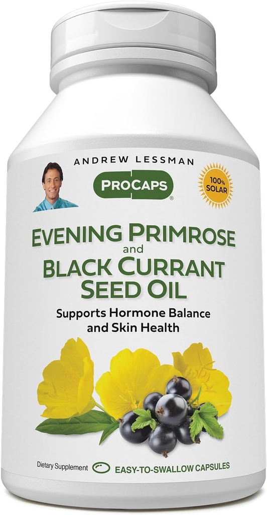 ANDREW LESSMAN Evening Primrose and Black Currant Seed Oil 60 Softgels - Acalma Desconforto físico e Mood Swings Devido ao ciclo menstrual, com Gamma-Linolenic, Ómega-6 ácidos gordos, Sem aditivos