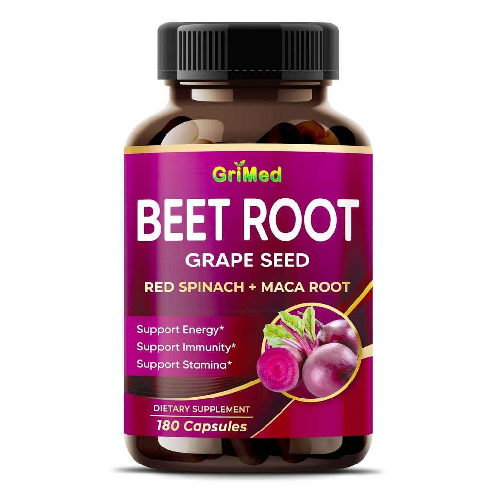 Raiz de beterraba griMed com extrato de semente de uva, raiz de maca, espinafre vermelho e Ashwagandha – 180 Cápsulas Vegetais