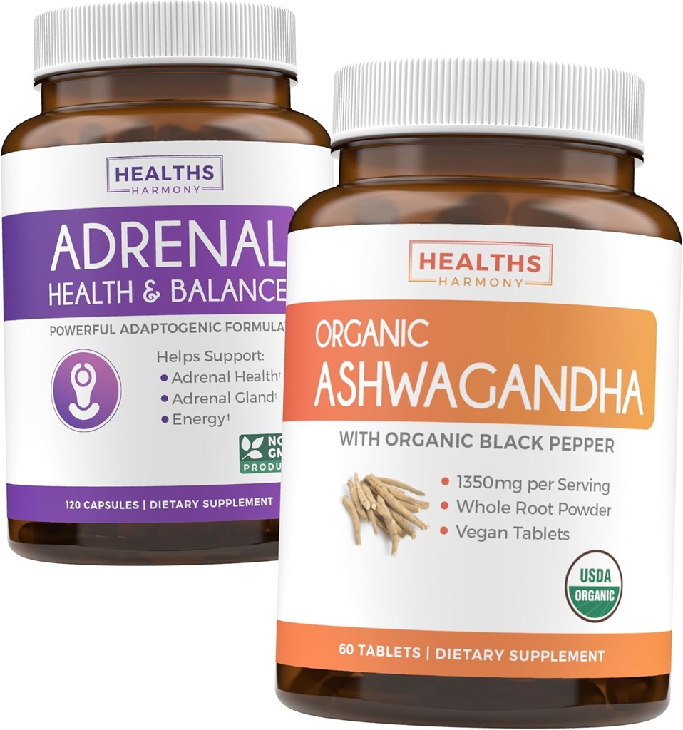 Adrenal & Ashwagandha (1-fornecimento de mês) Calm & Energize Bundle - Suporte Adrenal com L-Tirosina (120 Cápsulas) & USDA Organic Ashwagandha 1350mg Ashwagandha Root Powder per Serve (60 Cápsulas)
