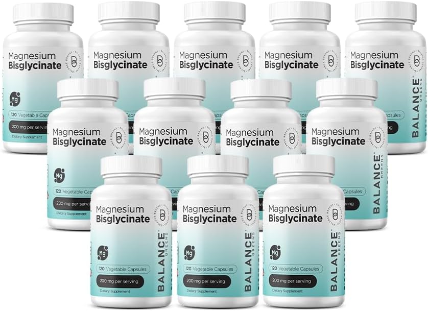 Bisglicinato de magnésio 200mg - Suplemento de Magnésio Quelado de Alta Absorção - Gentil no Estômago, Sem Glúten, Suporta o Sono, Cães Músculos e Humidade Positiva - 120 Cápsulas (Pacote de 12)
