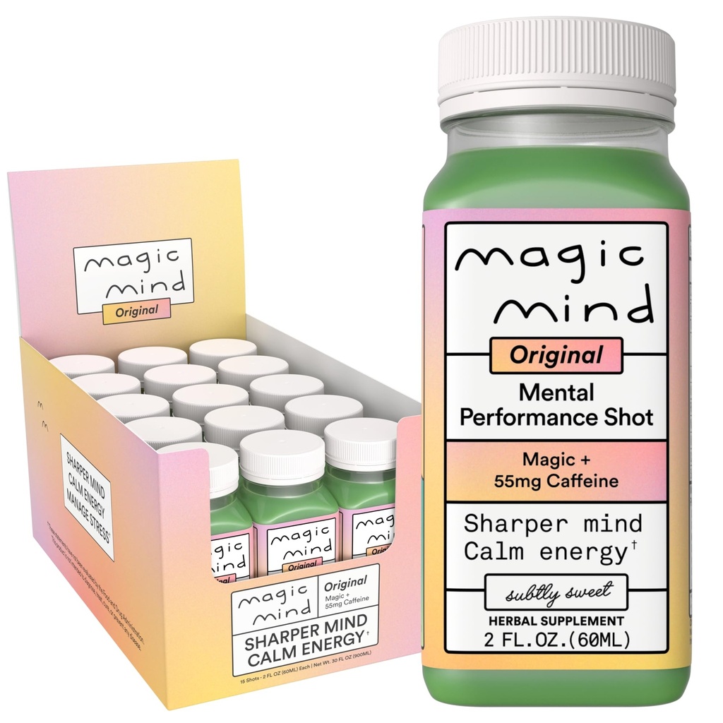 Energia mente mágica e foco bebidas shots - Aliviando o estresse, Sem Jitters, Ashwagandha, Vitamina B12, Vitamina C, Matcha chá verde, cogumelos funcionais - 2 FL Oz (15 Pack)