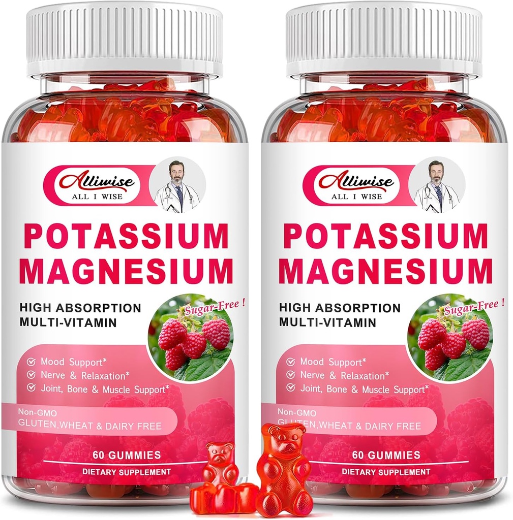 2 Pacote de pastilhas de magnésio de potássio - Citrato de potássio e glicinato de magnésio para Cães e músculos da perna, humor e relaxamento, suporte energético com vitamina B6, D3, C Flavor de framboesa