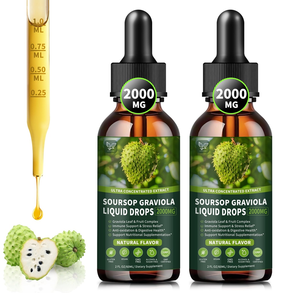(2 Pack) Soursop Graviola Liquid Drops 2000mg, 98% Absorção para suporte celular e regeneração, Imune Boost, Fígado, Herbal Goodness, Soursop Bitters Liquid-Sugar/Gluten Free, Natural Flavor, 4 Fl Oz