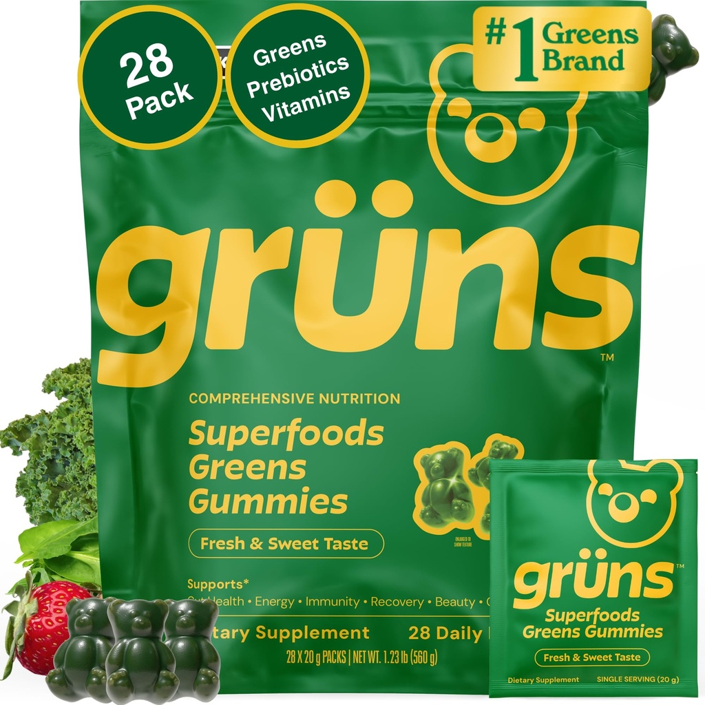 Gruns adultos Super Verdes Gummies Multivitamin, Superalimentos Vitaminas Gummy para mulheres e homens com espirulina, chlorela, adaptogênios e fibras prebióticas para a saúde digestiva (28 Conde)