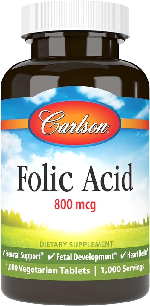 Carlson - Ácido Fólico, 800 mcg, fornece suporte pré-natal importante, 1000 comprimidos