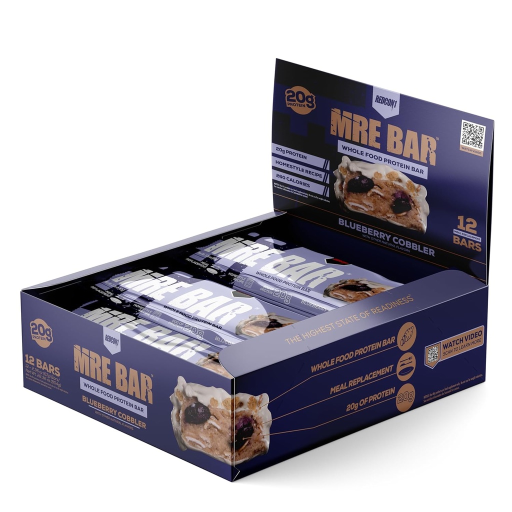 REDCON1 MRE Protein Bar, Blueberry Cobbler - Contém MCT Oil + 20g de proteína alimentar inteira - facilmente digestível, Macro equilíbrio baixo açúcar Bar de substituição (12 barras)