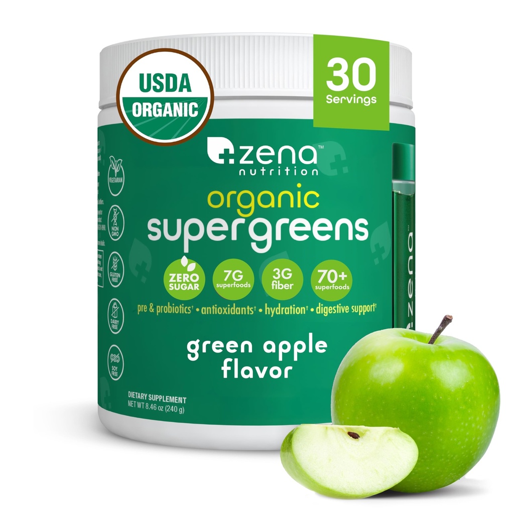 Zena Nutrição Orgânico Super Verdes Pó, 70+ Superalimentos, 0 Açúcar, Fibra 3G, espirulina, chlorela, cogumelos, prebióticos/probióticos, Enzimas Digestivas para Gut Saúde, Apple Verde, 30 Servings