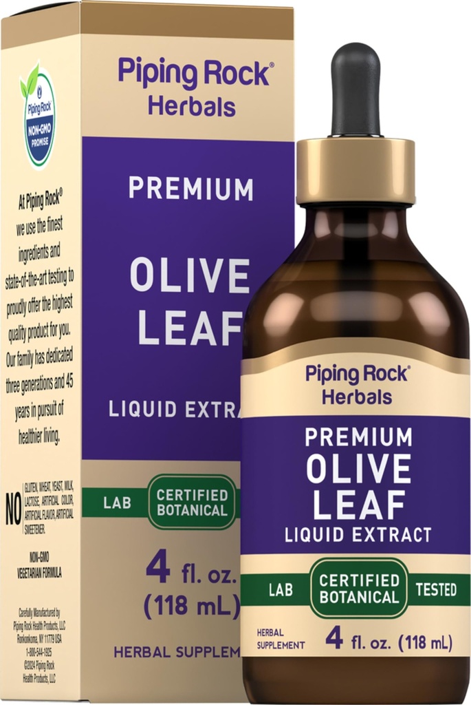 Piping Rock Olive Leaf Extrair Drops Líquidos 4 Fl Oz Oz Free Alcohol Tintura Suplemento de ervas Olea Europaea Vegetarian, Non-GMO, Gluten Free