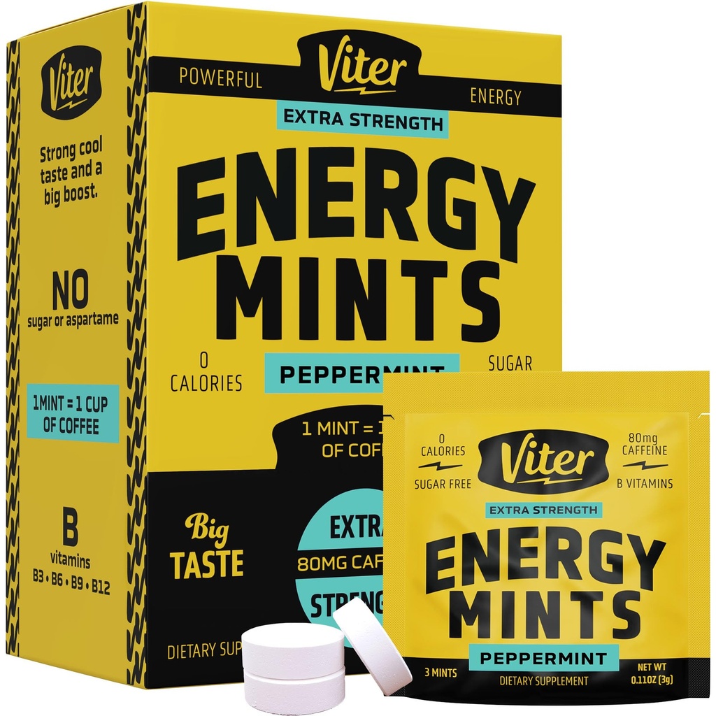 Viter Energy Caffeine Mints 80mg Força Extra - 90 Peças Cafeinadas com vitaminas B. Açúcar livre Vegan Breath Mint. Energizar Nootropic Focus Booster para alerta rápido (Peppermint Flavor, 30 Pack)