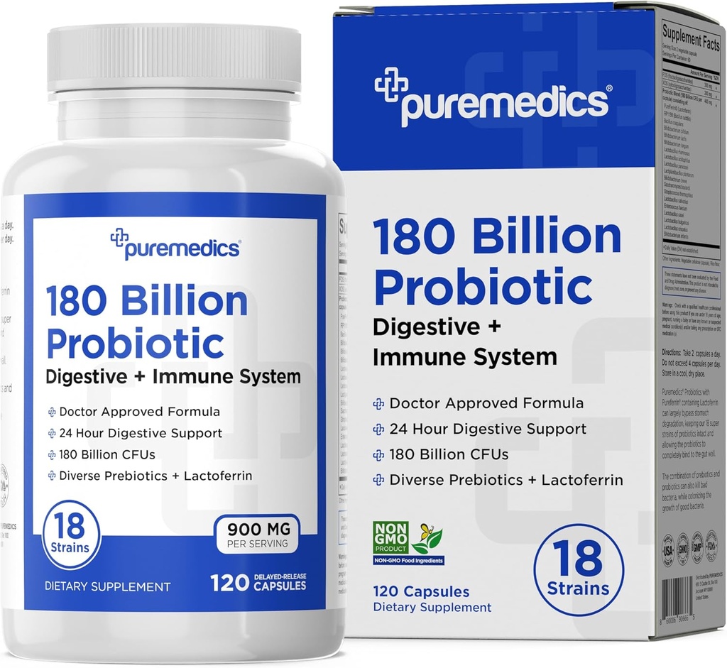 Fórmula de escolha Probióticos 180 Bilhões UFC - 18 Strains + Lactoferrina + Prebióticos - Imune, Digestivo & Gut Health - Obstipação, Diarréia, Gás e Bloating - para Mulheres & Homens - 120ct