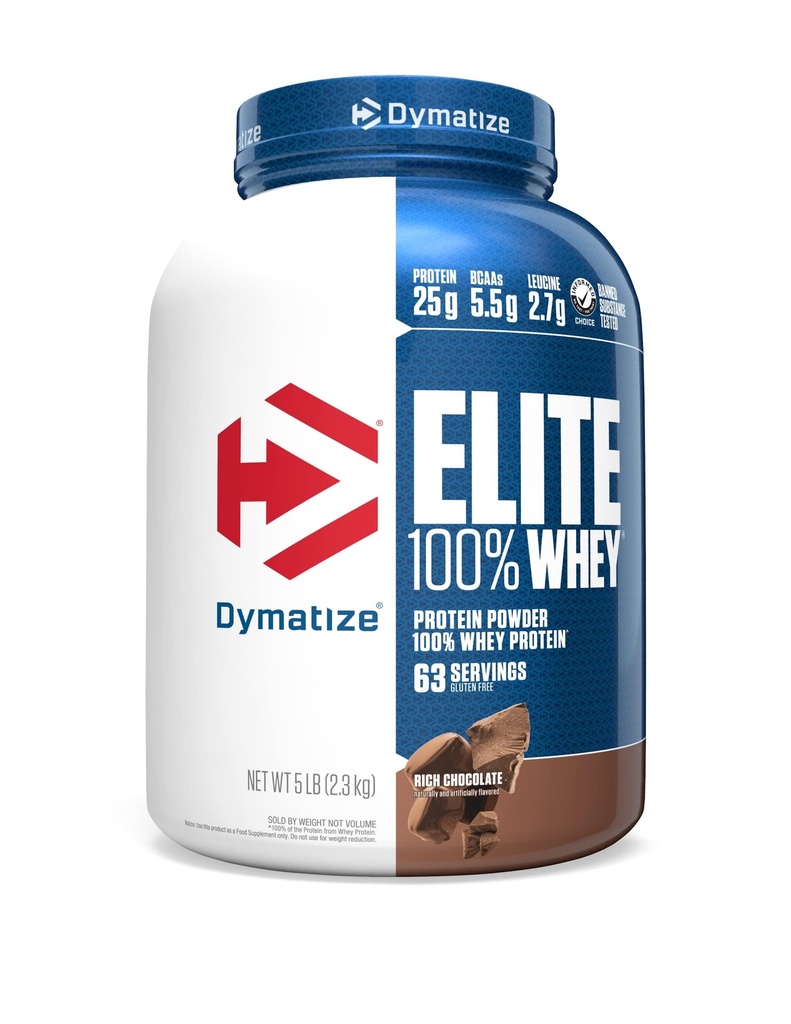 Dymatize Elite 100% Whey Protein Powder, 25g Protein, 5,5g BCAAs & 2,7 L-Leucina, Absorção rápida e rápida para a recuperação muscular ideal, chocolate rico, 5 libras (63 Servings)