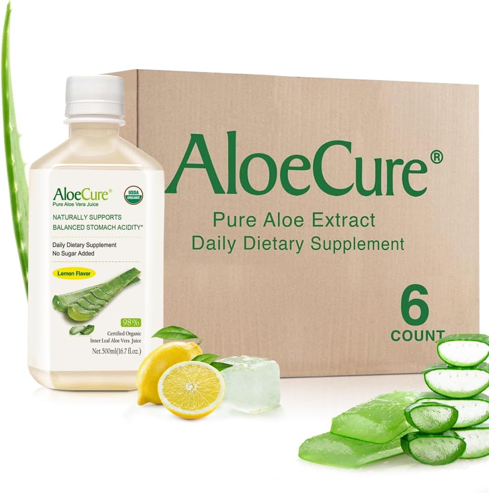 AloeCure USDA Organic Aloe Vera Juice Lemon Flavor - Made Within 12 Hours of Harvest - Natural Digestive Supplement for Balanced Stomach Acidity - Support Digestive and Imune Health, 6 Btls x 16.7oz