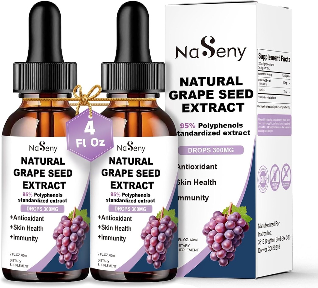Drops líquidos de extrato de sementes de uva padronizados em 95% de polifenóis-300 mg de concentração máxima de sementes de uva tintura padronizada, Vitis Vinifera líquida de alta absorção gotas de extrato -Não-GMO (2 frascos)