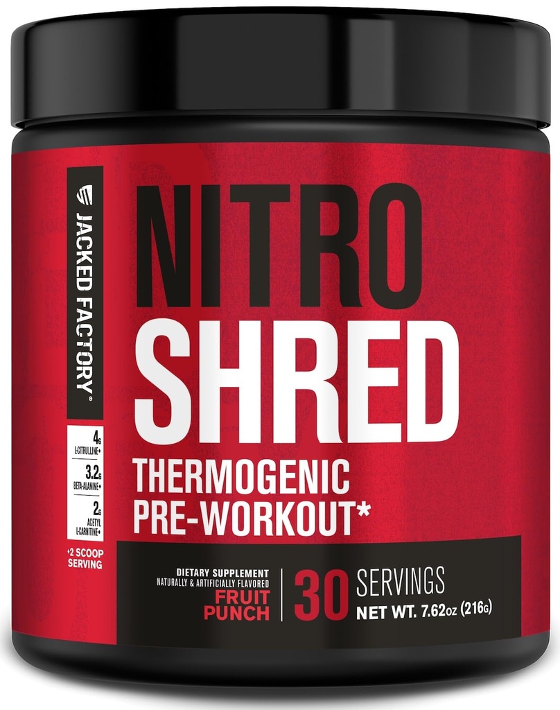 Fábrica Jacked NITROSURGE Shred Pre Treino Suplemento - Fortalecedor de energia, Ganhos de força instantâneos, Sharp Focus, Bombas poderosas - Nitric Oxide Booster & Pré-Trabalho Pó - 30Sv, Fruit Punch