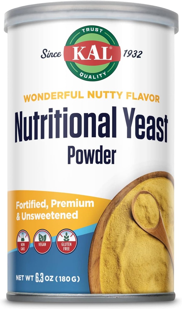 KAL Levedura Nutricional em pó, Fortificado com B6, B12, Ácido Fólico e outras vitaminas B, Premium e não adoçado, Grande sabor de noz, Vegan, Sem glúten, Não-GMO, 60-Dia de garantia, 20 Servings, 6.3 oz
