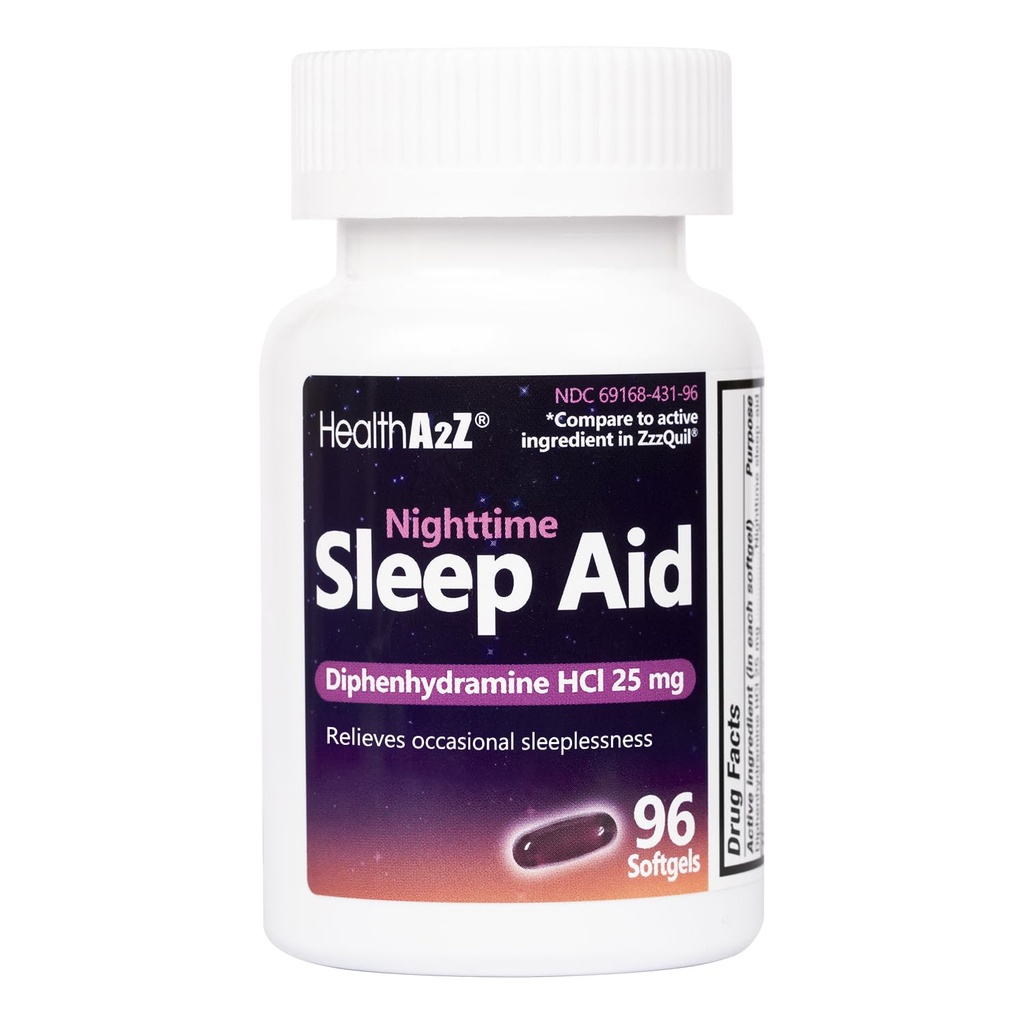 HealthA2Z Sleep Aid, Difenidramina HCl 25mg Softgels, Suporta Sono Mais Profundo, Descanso, Não Formador de Hábitos (96 Softgels)