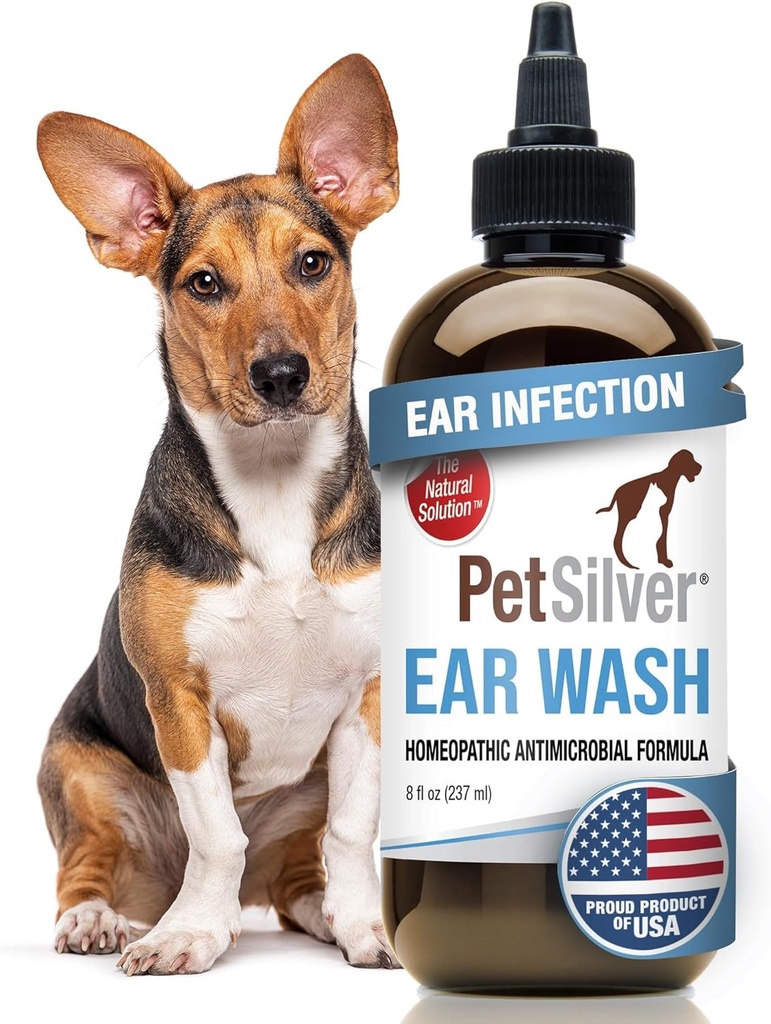 PetSilver Dog Ear Cleaner Solution – Lavagem de ouvido suave para cães e gatos com prata quelada – Otic Rinse Formula Targets Wax Building, Odor Fedorento e Itchy ou Irritated Areas - Made in USA - 8 fl oz