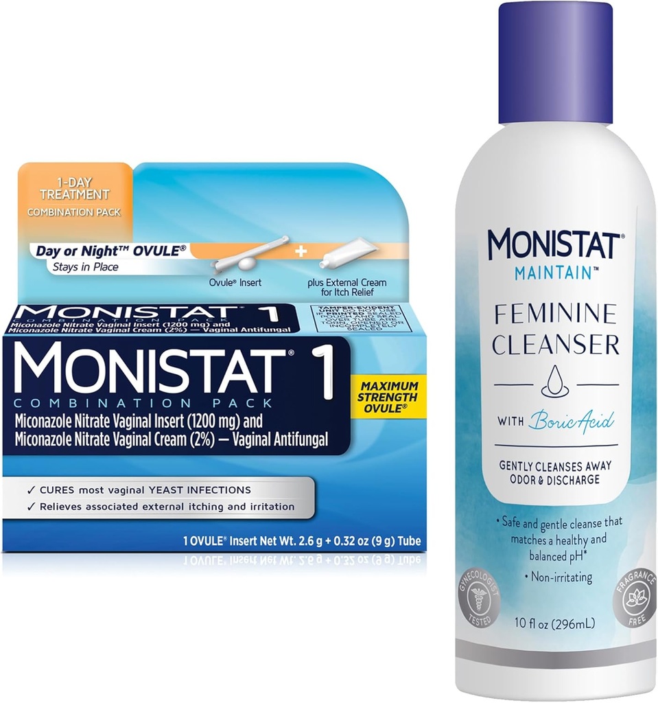 Monistat 1 dia Febre Tratamento para Mulheres, 1 Miconazol Ovula Inserir & Monistat externo Anti-Itch Cream Bundle + 10 fl oz ácido bórico Feminino Limpador