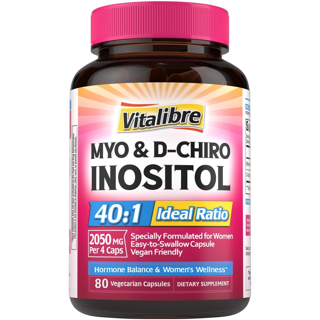 Inositol Supplement, Myo-Inositol & D-Chiro Inositol Fertilidade Suplementos para Mulheres, 40:1 Razão Ideal, Equilíbrio Hormônio e Suporte Ovariano, 80 Cápsulas Vegan