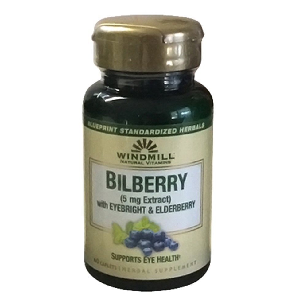 Moinho de vento Bilberry 5 mg Caplets Extract, Com Eyebright & Elderberry Suporta saúde ocular, 60 Ea