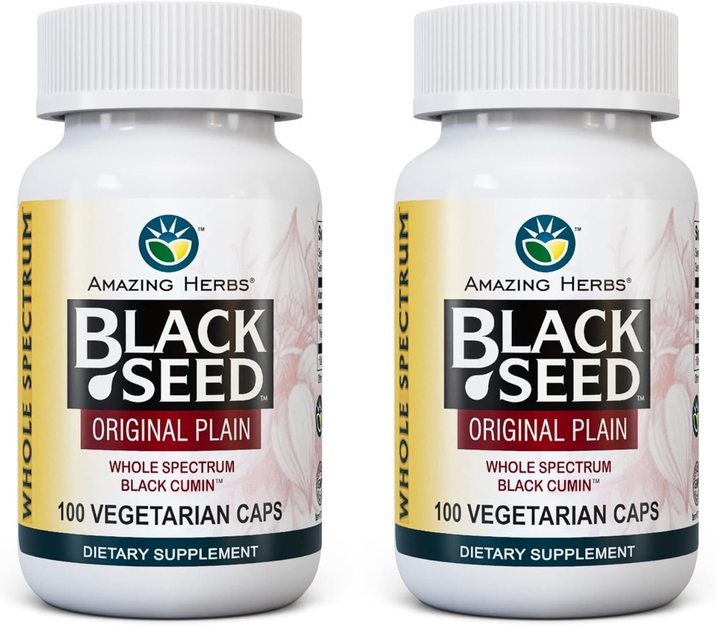 Amazing Herbs Whole Spectrum Black Seed Original Plain, Vegetarian Capsules - Gluten Free, Non GMO, Cold Pressed Nigella Sativa Aids na saúde digestiva - 100 Count, 475mg (2-Pack)