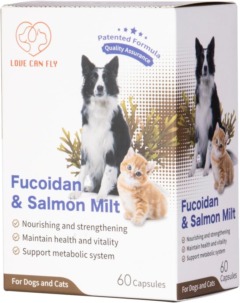 Dog and Cat Immune and Blood Support Supplement - Fucoidan & Salmon Milt/Immune System Boost Revitalize and Fortalecer - Nutrish for Optimal Health and Vigor - 60 Cápsulas