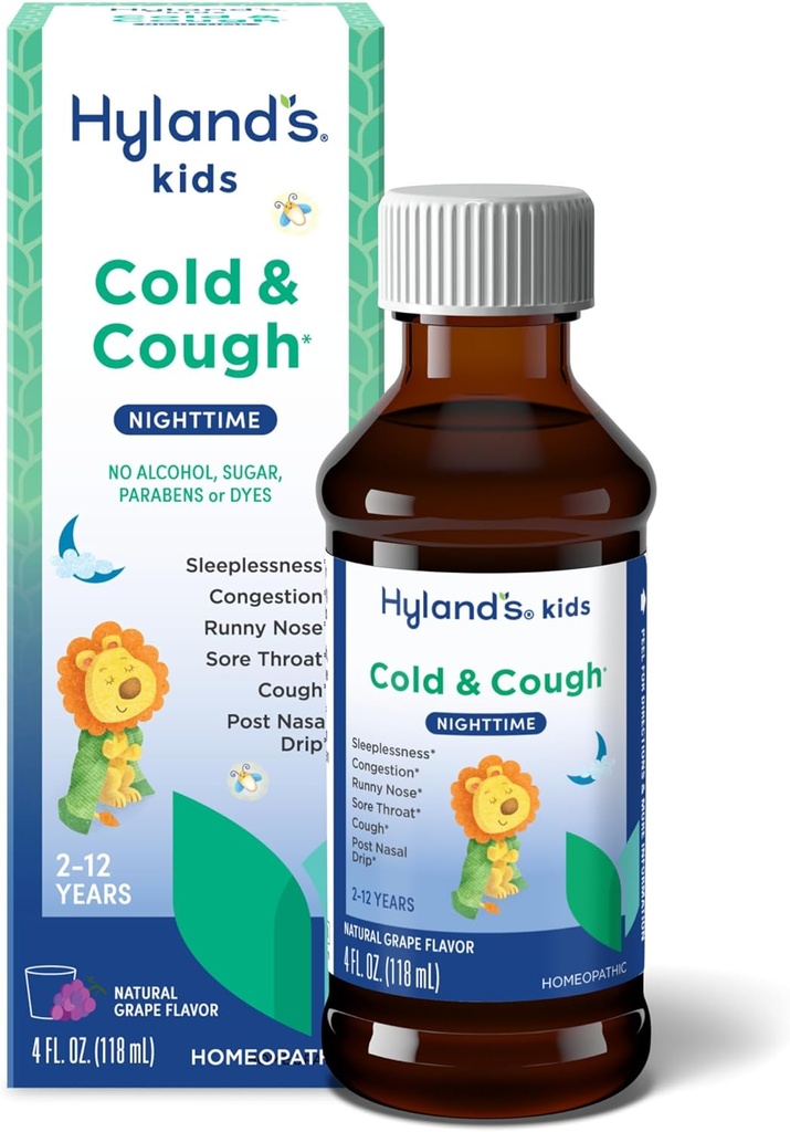 Hyland's Kids Frio e Tosse, Sabor de uva à noite Medicina de xarope de tosse para crianças Idades 2 e para cima, Descongestionante, Garganta Dolorosa, e alívio da insônia de sintomas frios comuns, 4 Fl Oz