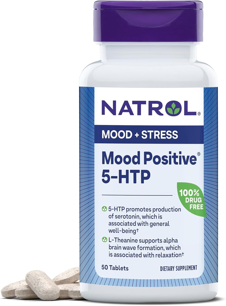 Natrol Mood positivo 5-HTP e L-Teanina para o humor equilibrado e relaxação, 50 comprimidos, até uma fonte de 50 dias