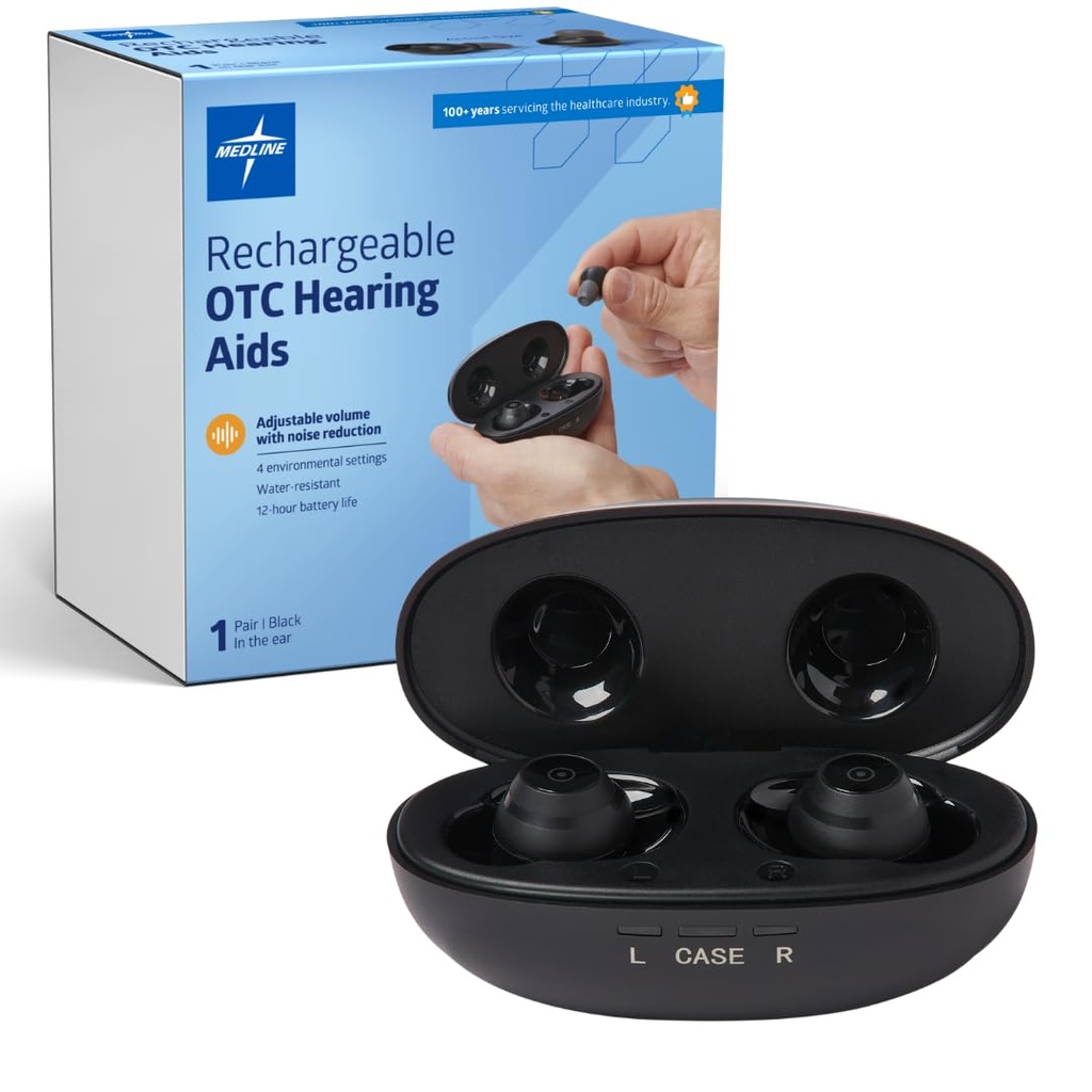 Medline Rechargeable OTC Hearing Aids, Preto, in-the-ear, 4 configurações ambientais, resistente à água, volume ajustável, leve a moderada perda auditiva, redução de ruído, Earbud Hearing Aids