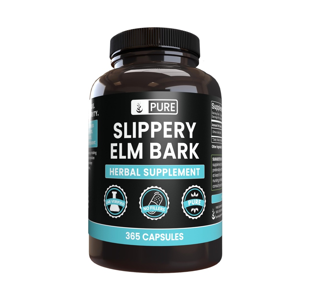 Puro original Ingredientes Slippery Elm Bark (365 Cápsulas) Sem enchimento de magnésio ou arroz, sempre puro, laboratório verificado