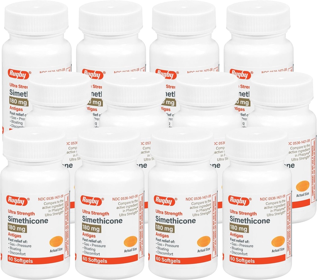 Rugby Ultra força Simethicone gás alívio 180 mg - máximo alívio de gás para adultos - pode ajudar com sintomas de flatulência, Bloating, cheia de gás - 60 Softgels (12 Pack)