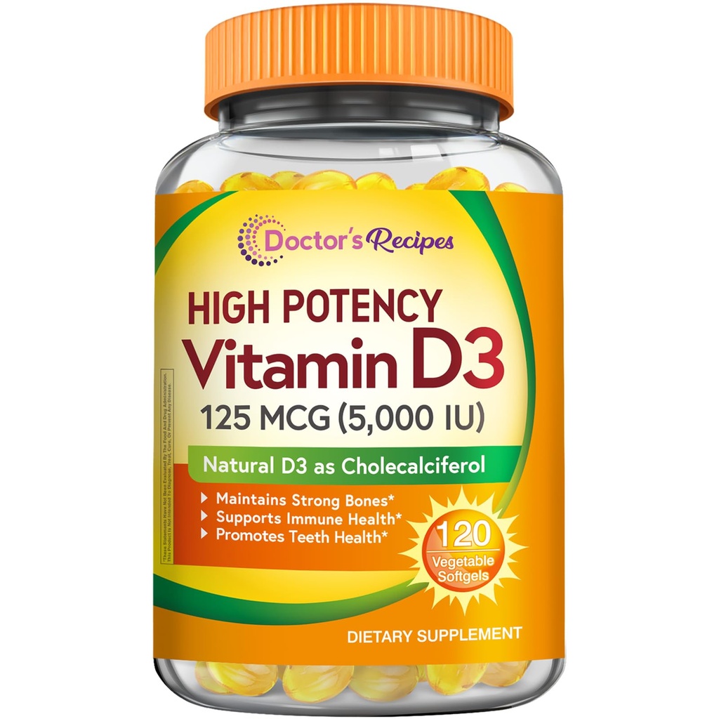 Receitas médicas Vitamina D3 5000UI, suporte imunológico para ossos, dentes e função imunológica, não-GMO, sem gelatina, glúten ou soja, 120 vegetais