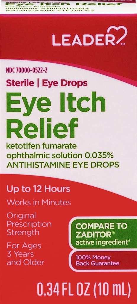 LEADER Colírio estéril para Alergia Eye & Itch alívio, Ketotifen solução anti-histamínico 0,035%, Funciona em minutos, até 12 horas, dosagem de prescrição 0,34 oz