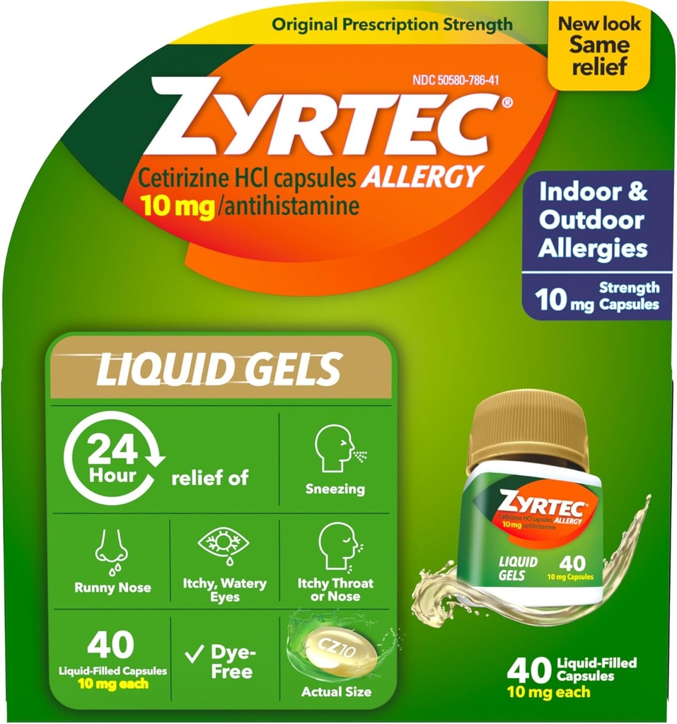 Zyrtec 24 horas Alergia Relief Gels Líquidos, Cápsulas Anti-Histamínicos com Cetirizine HCl Alergy Medicine para alívio de todos os dias de Runny Nase, espirros, Itchy Eyes & More, 40 contagem
