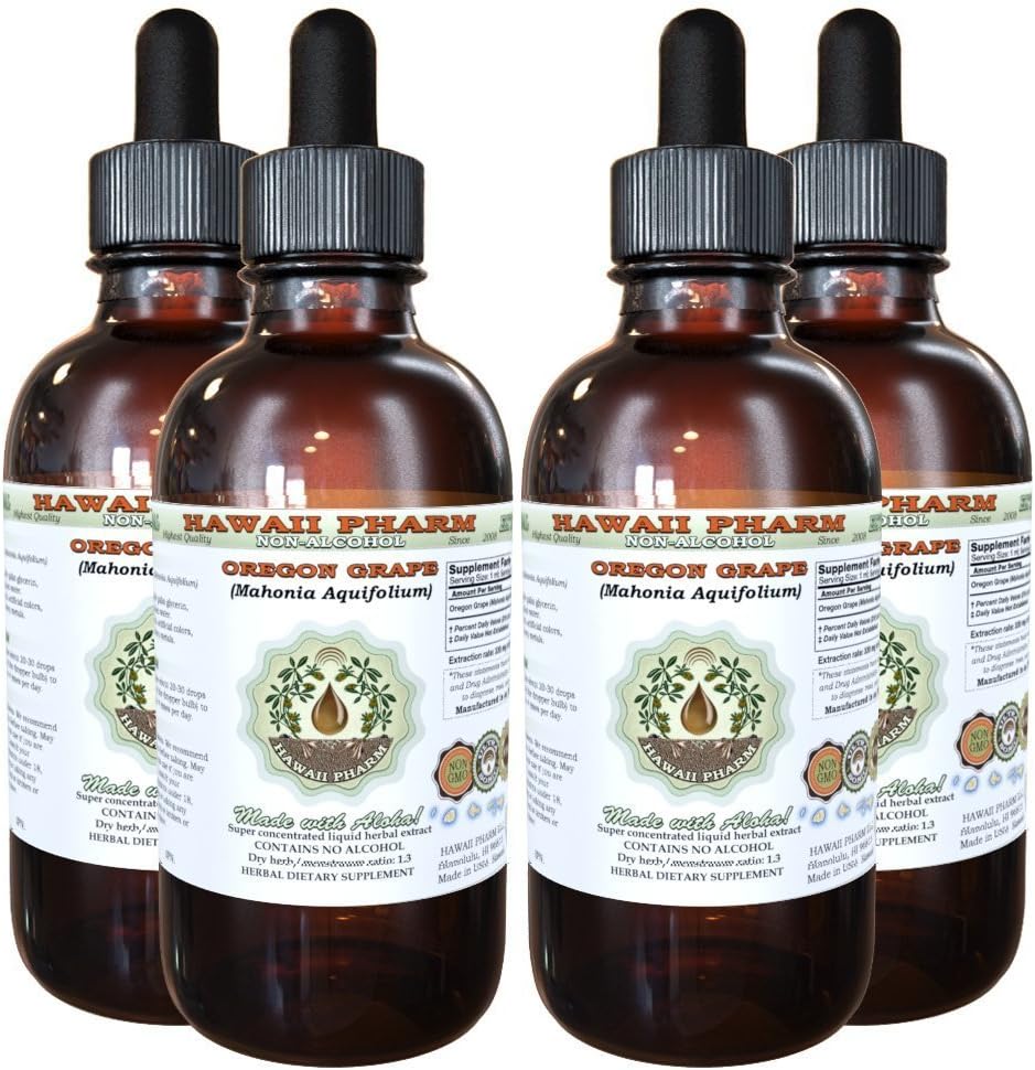 Hawaii Pharm Oregon Grape Alcohol-Free Liquid Extract, Oregon Grape (Mahonia aquifolium) Secado Root Glicerite Natural Herbal Supplement, USA 4x4 fl.oz