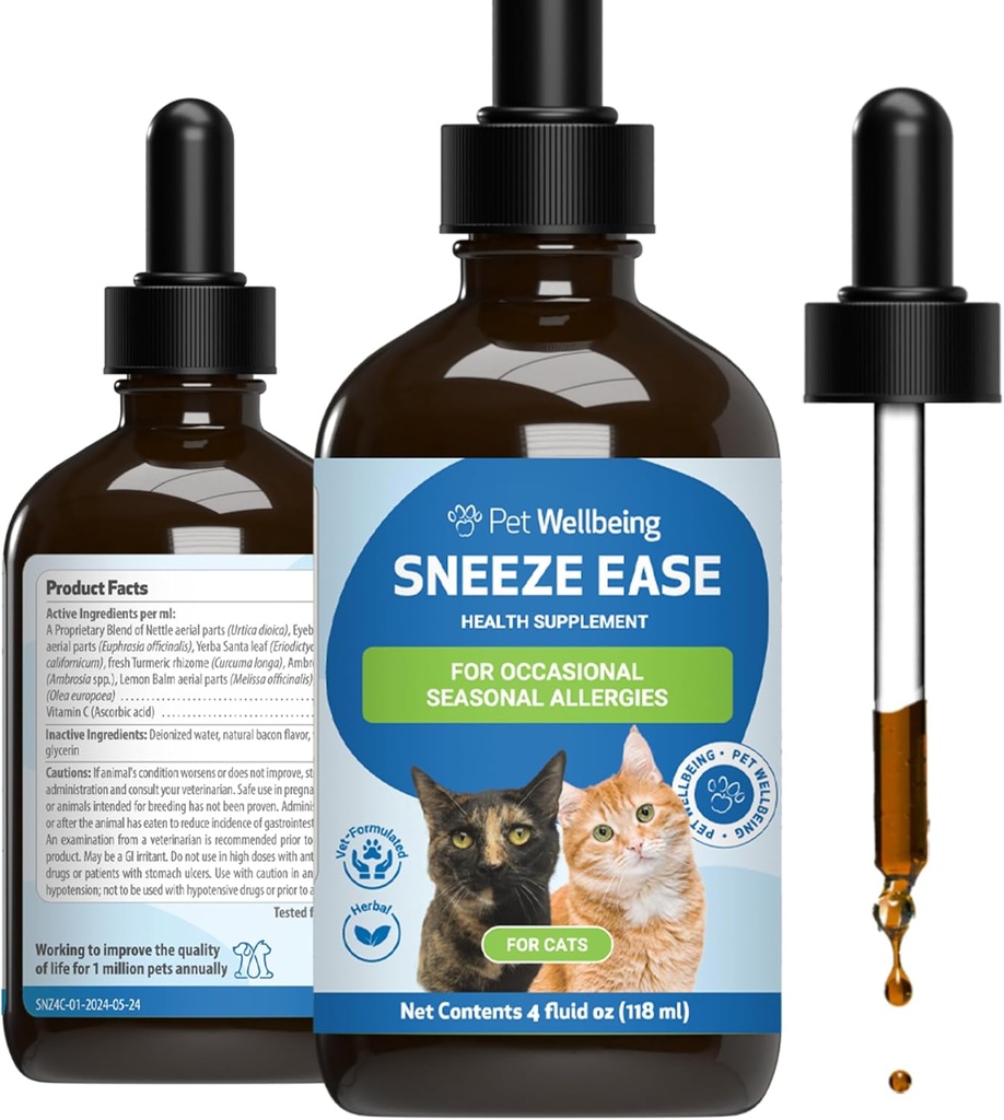 Bem-estar de animais de estimação Espirro Fácil para Gatos - Espirros ocasionais, Alergias Sazonais, Nariz e Desconforto Eyebright, Eyebright, Nettles - Veterinária-Formulated Herbal Supplement 4 oz (118 ml)