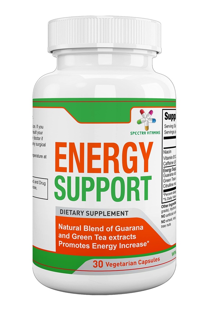 Spectra Vitaminas Suporte Energia Natural 30 Cápsulas - Cápsulas Guaraná - Extratos de Vitamina B12 - Extratos de Chá Verde e Guaraná - Suplementos de Energia Citrulina com Energia Natural