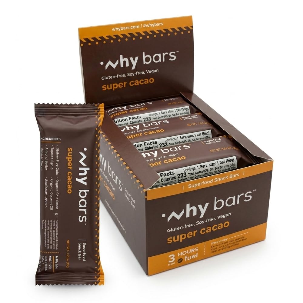 Bares de proteína, Super Cacao, 2.04 Bares de onça (Pacote de 12 Bares de proteína) - Superalimento da barra de proteína, Sem glúten, Não OGM, Orgânico, Vegan, Ingredientes simples