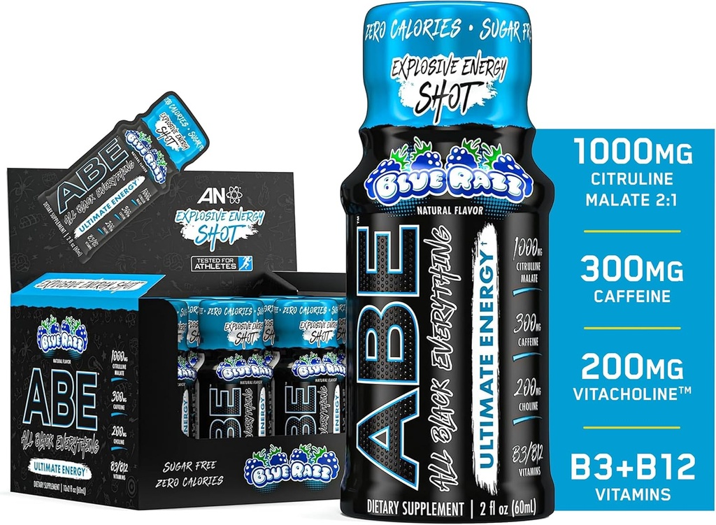 Tudo preto tudo energia shots 12 pacote , 300mg cafeína , azul Razz , zero açúcar , energia foco suplemento , mistura nootrópico para ginásio ou trabalho
