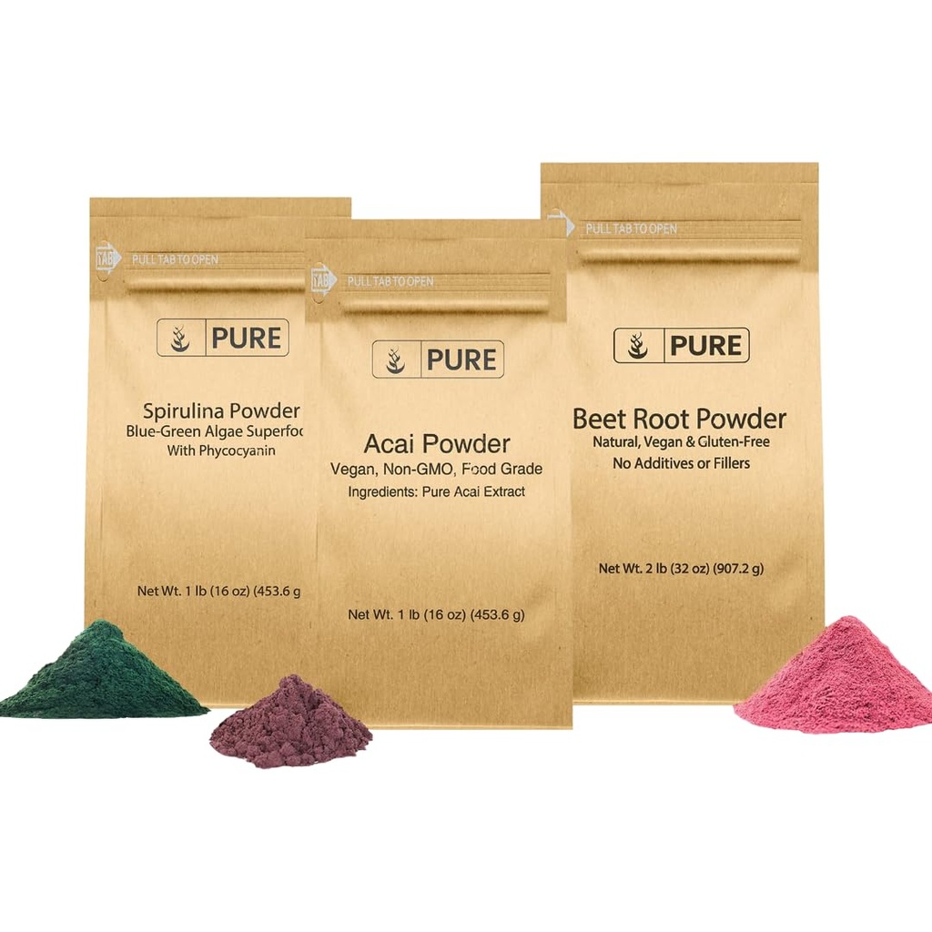INGREDIENTES ORIGINAIS PUROS Raiz de beterraba, espirulina, e pacote de pó de Acai, vários tamanhos, não OGM, suplementos de ervas