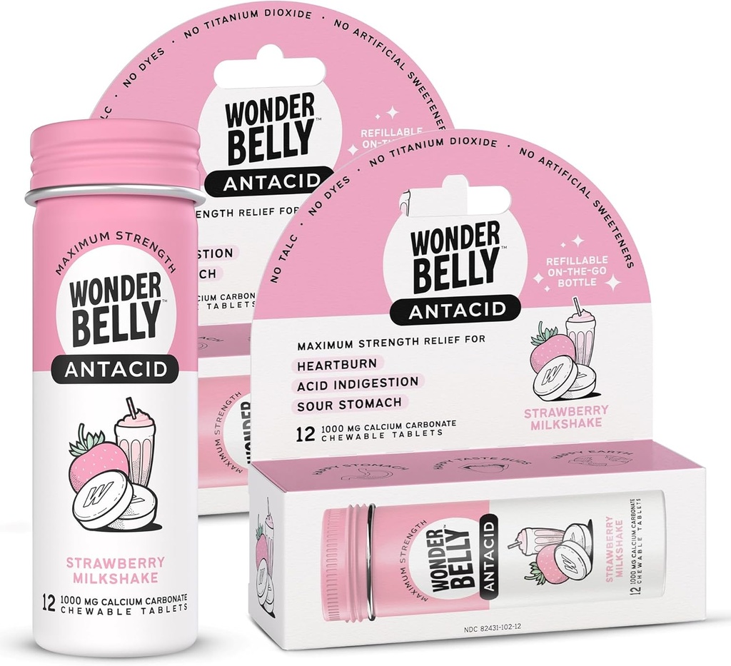 Antiácido Wonderbelly, Azia eficaz e alívio de indigestão ácido instantâneo, tamanho da viagem comprimidos mastigáveis de força extra, 1000 mg Carbonato de cálcio, batido de morango, 12 contagem (Pacote de 2)